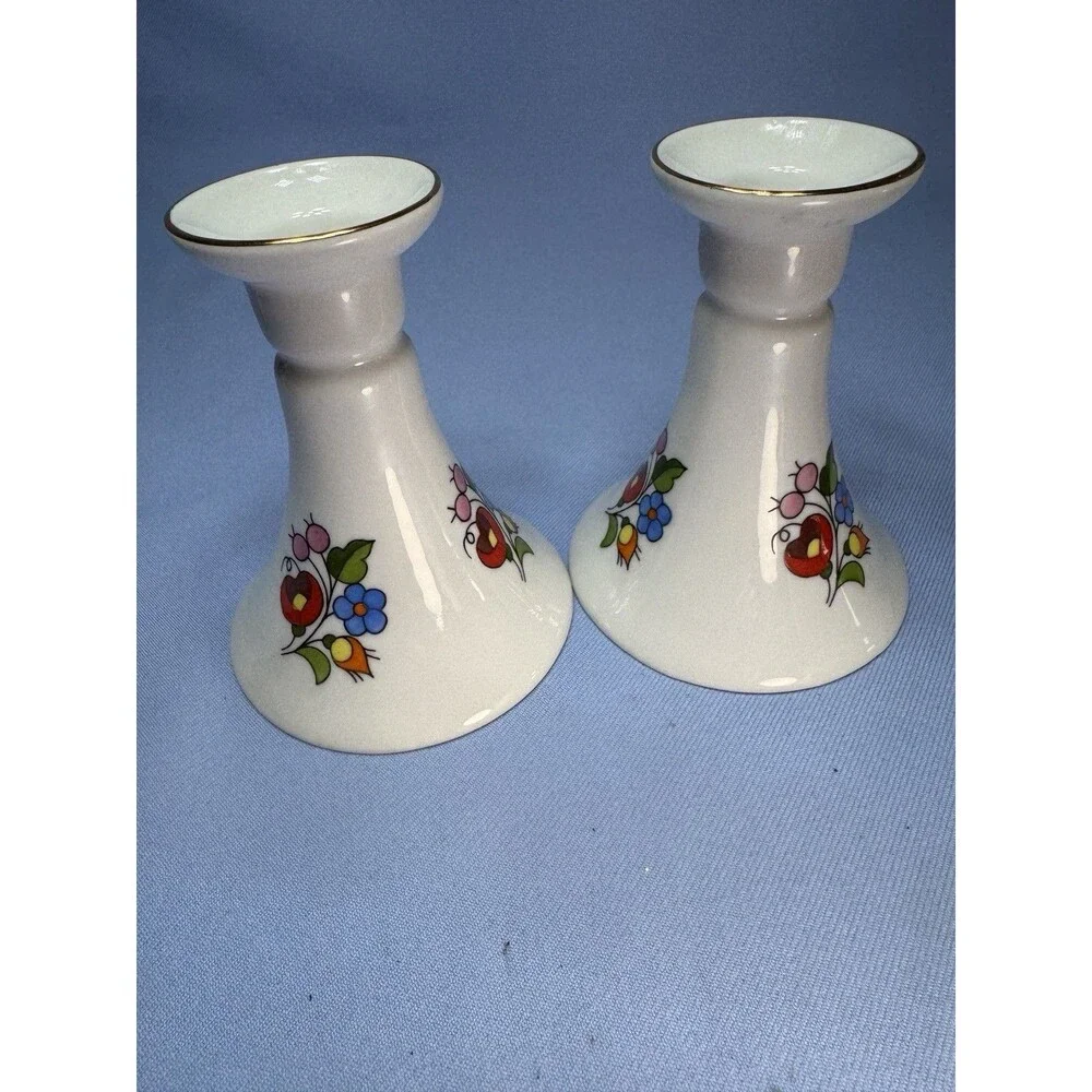 Set Of 2 Kalocsa Candle Holders, Hand painted Red And Blue Floral, Hungary 4.5”